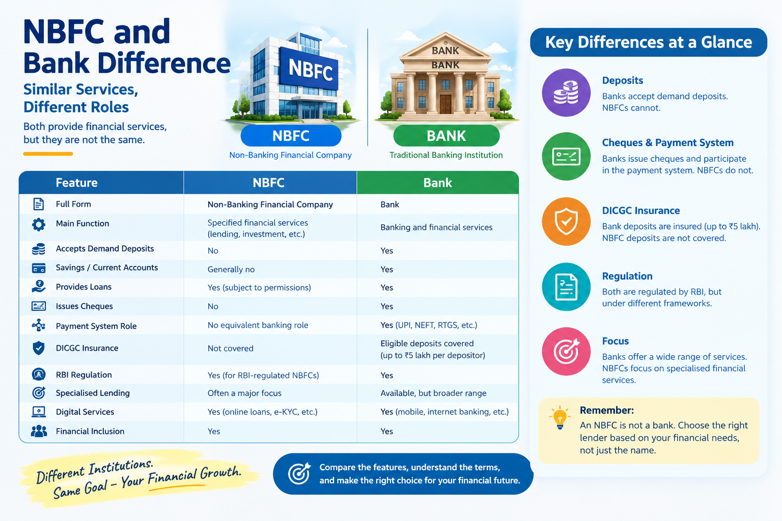 NBFC and bank difference infographic comparing deposits, loans, cheque facilities, payment systems, DICGC insurance, RBI regulation, specialised lending, digital services, and financial inclusion in India.